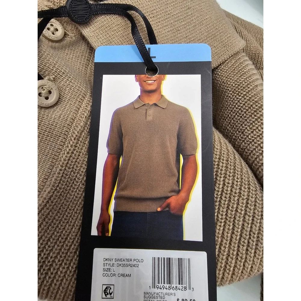 DKNY Mens Sweater Polo Shirt Tan Ribbed Short Sleeve Cotton DK35SR2402 NEW‎
